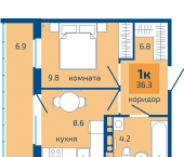 1-комн, 36 кв м, этаж 4/9 ул Целинная, 49б