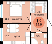 1-комн, 32 кв м, этаж 12/15 улица Яблочкова, 5 к5