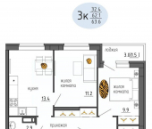 3-комн, 63 кв м, этаж 3/25 ул Ижевская, 38