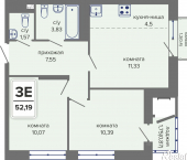 3-комн, 52 кв м, этаж 4/14 ул Репина, 39