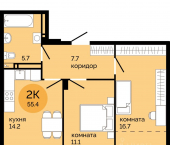 2-комн, 55 кв м, этаж 6/25 ул Яблочкова, 5 4