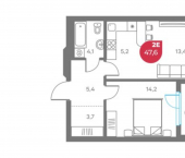 2-комн, 48 кв м, этаж 3/6 улица Максима Горького, 1