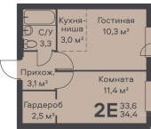 2-комн, 34 кв м, этаж 3/6 улица Вильямса