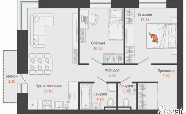 2-комн квартира в новом доме Пермь, микрорайон Камская Долина, ЖК Пятый элемент
