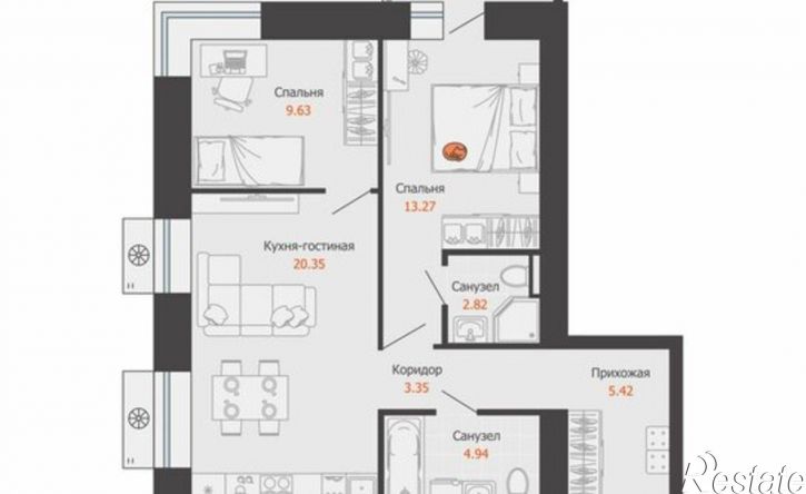 2-комн квартира в новом доме Пермь, микрорайон Камская Долина, ЖК Пятый элемент