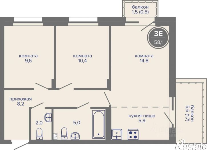 3-комн квартира в новом доме шоссе Космонавтов, 309Ак1