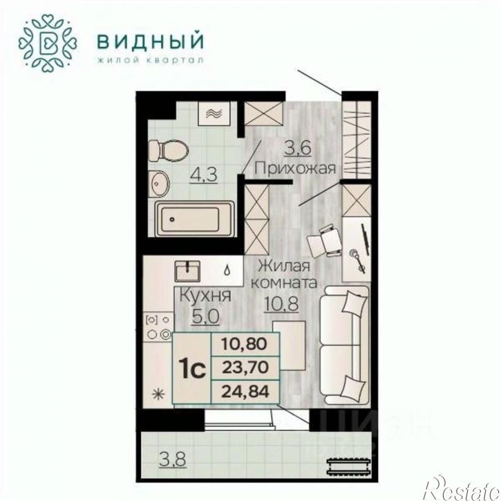 1-комн квартира в новом доме Кавказская улица, 13к1