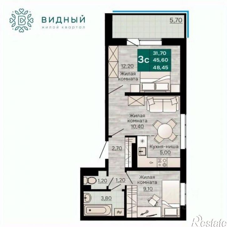 3-комн квартира в новом доме Кавказская улица, 13