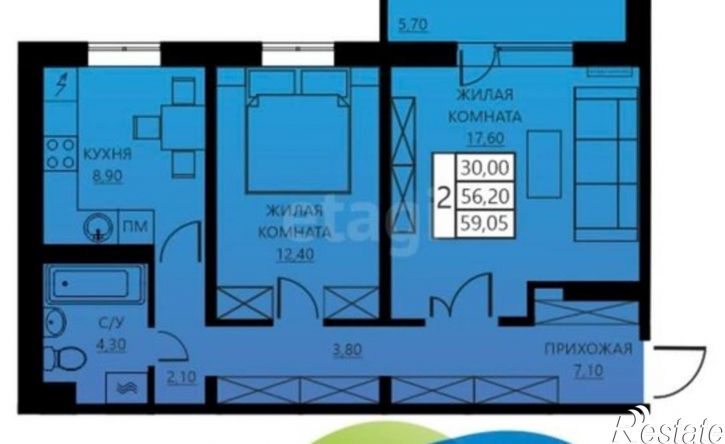 2-комн квартира Пермь, улица Гашкова, 56к1