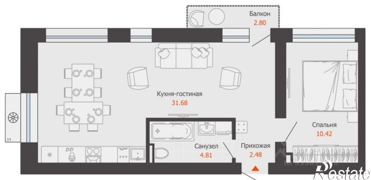 1-комн квартира в новом доме улица Спешилова