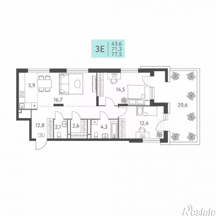 3-комн квартира в новом доме улица Левченко, 8
